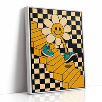 Groovy Daisy Vibes – Retro Checkerboard Flower Print