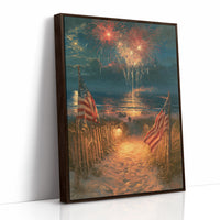 Fireworks Over Flag-Lined Beach Path