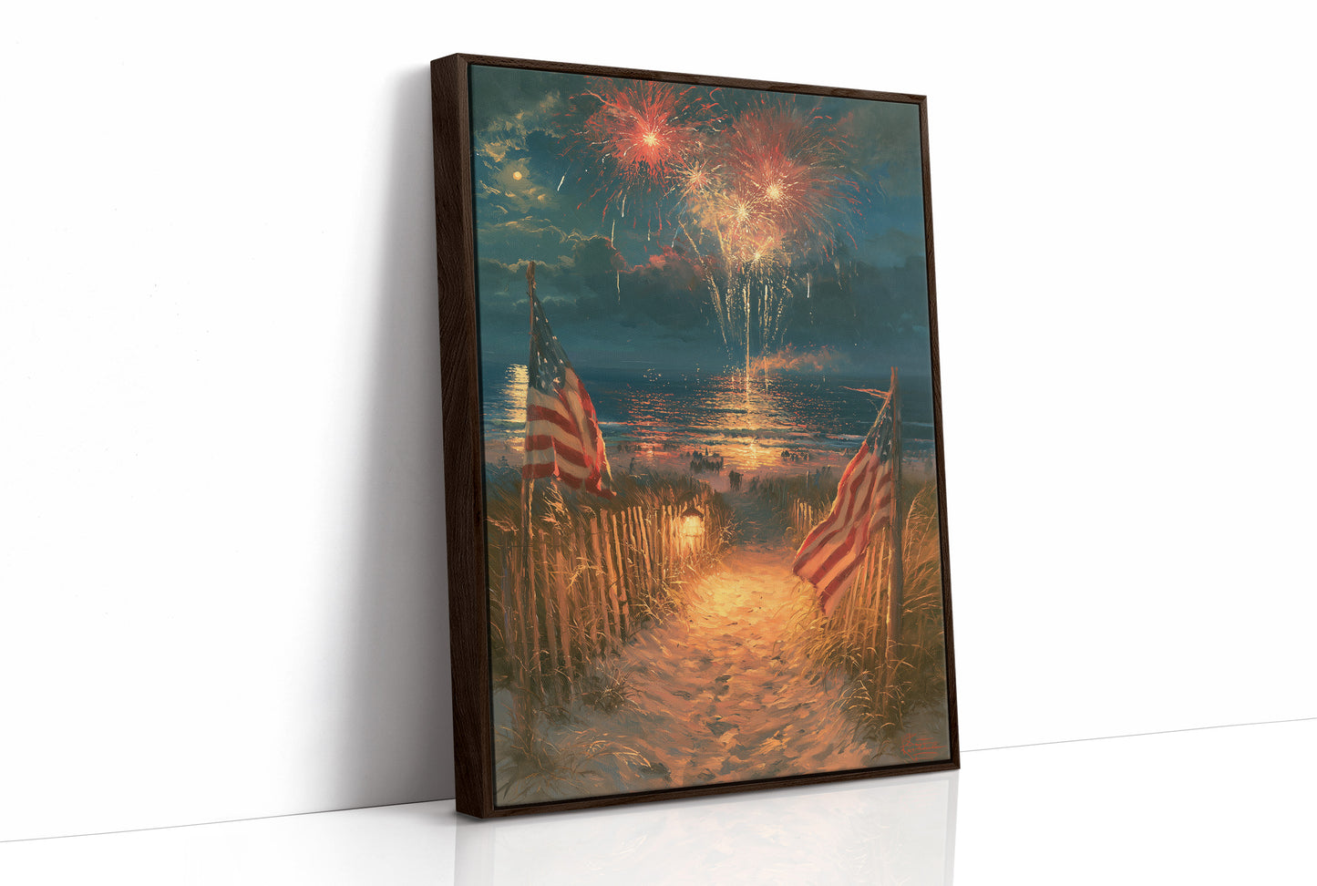 Fireworks Over Flag-Lined Beach Path