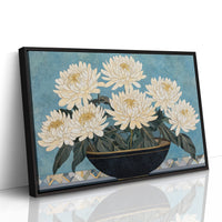 White Chrysanthemums Meet Midnight Bowl