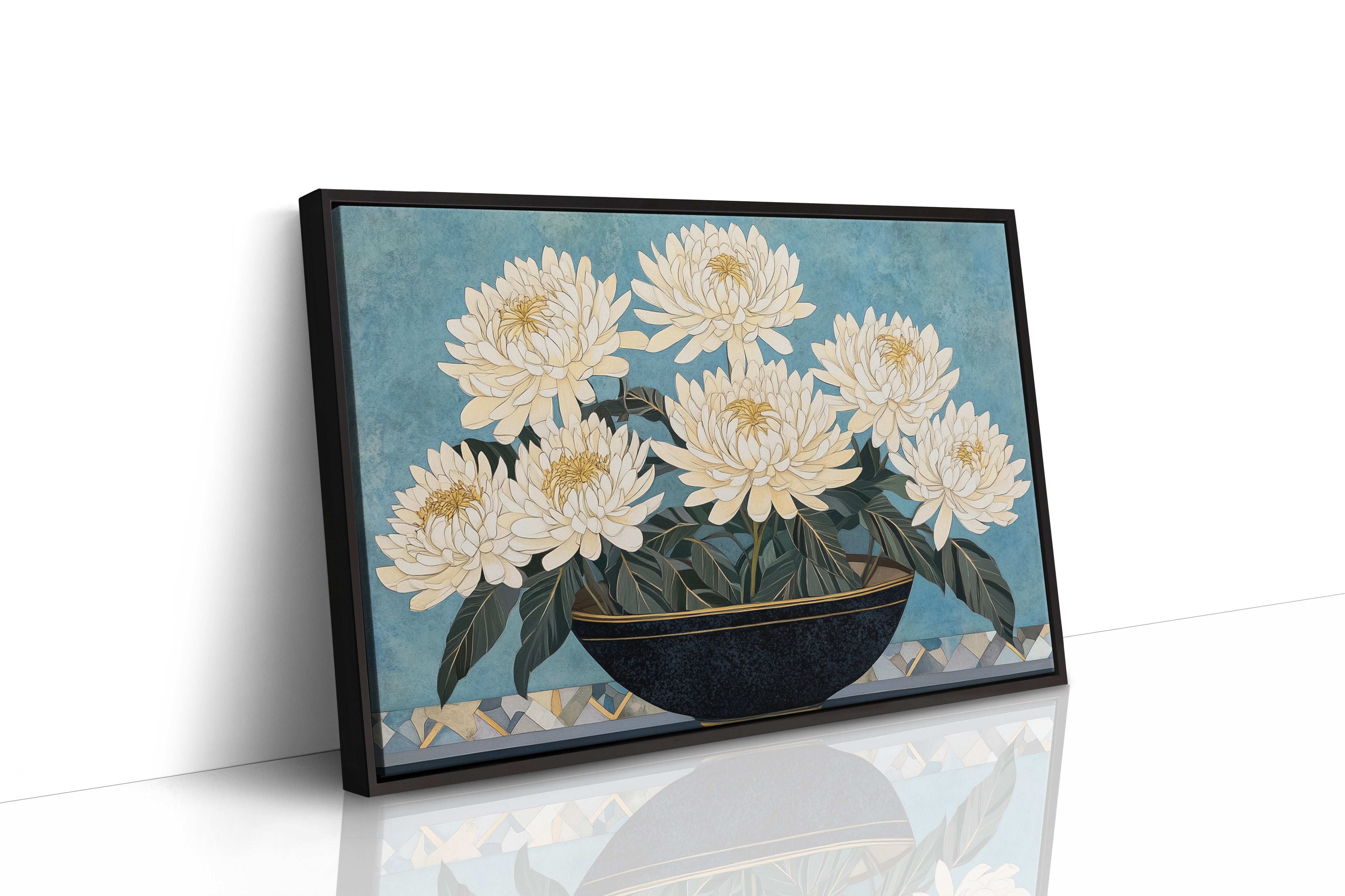 White Chrysanthemums Meet Midnight Bowl