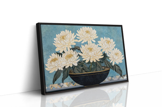White Chrysanthemums Meet Midnight Bowl