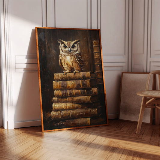 Wise Owl on Antique Books – Dark Academia Wall Art, Vintage Library Print, Scholar’s Study Decor