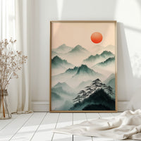 Misty Mountain Sunrise – Tranquil Asian-Inspired Landscape Print