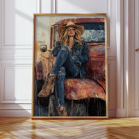 Cowgirl Resting on Rusted Truck