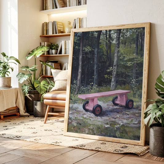 Pink Bench Rests In Forest Shade
