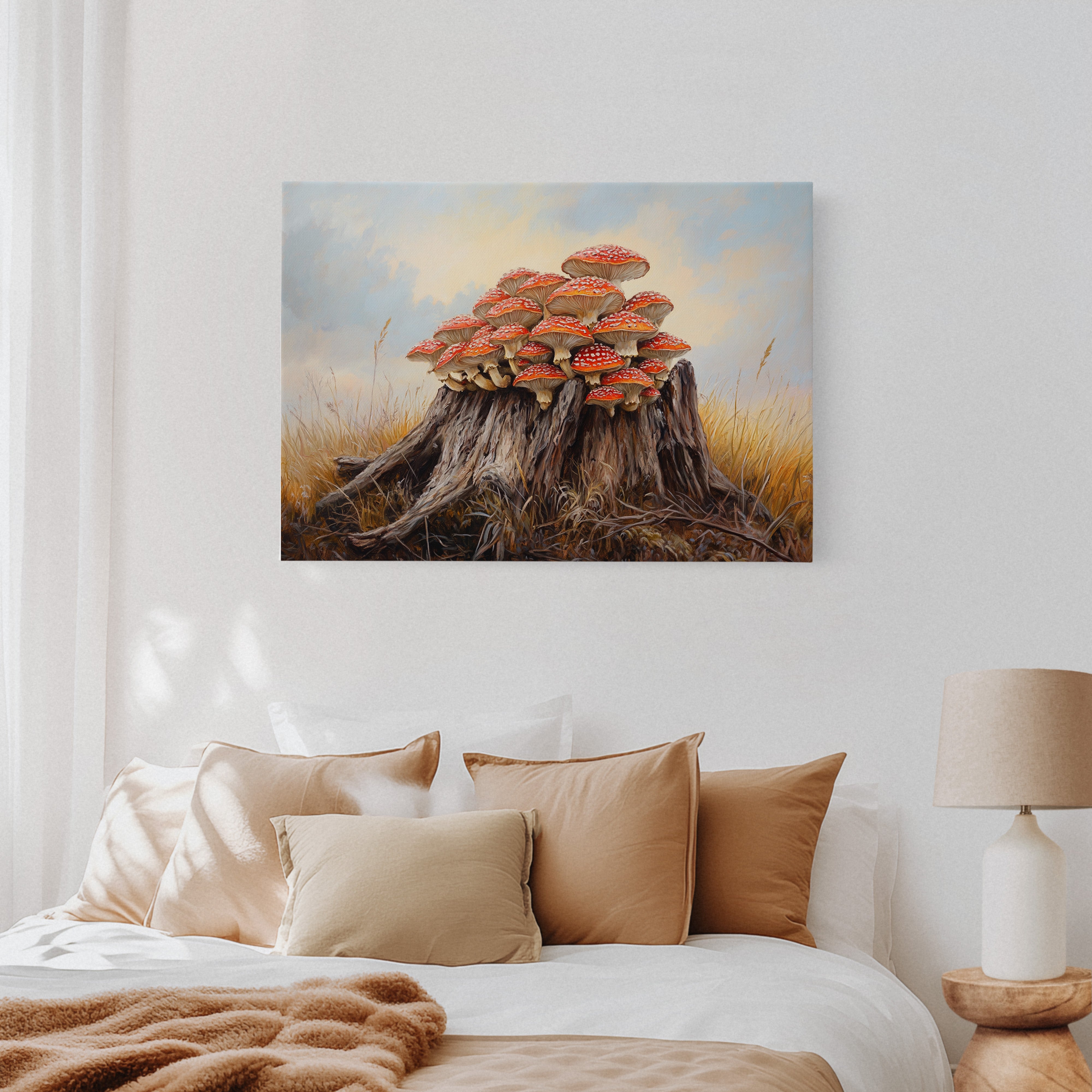 Red Mushrooms Crown Ancient Stump