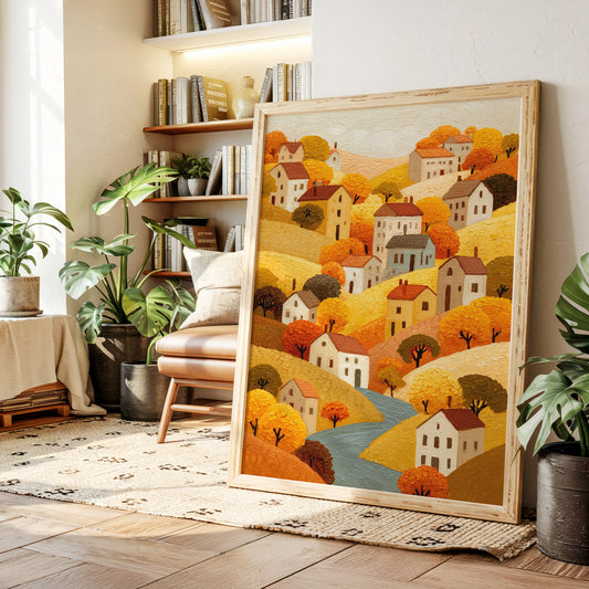 Autumn River Winds Through Village