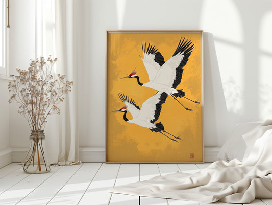 Japanese Red-Crowned Cranes – Elegant Minimalist Wall Art
