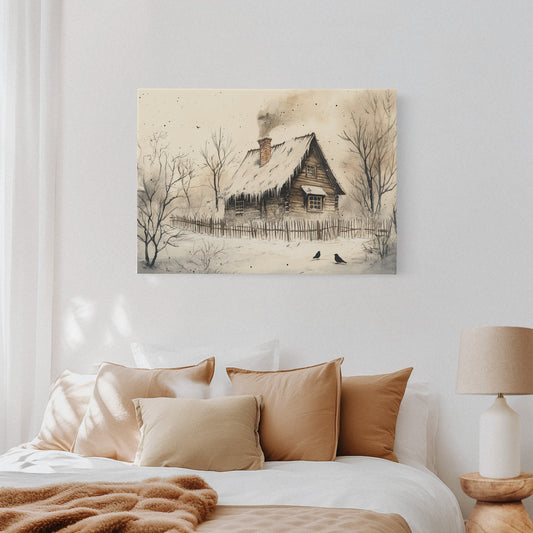 Winter Ravens Guard Frosted Cabin