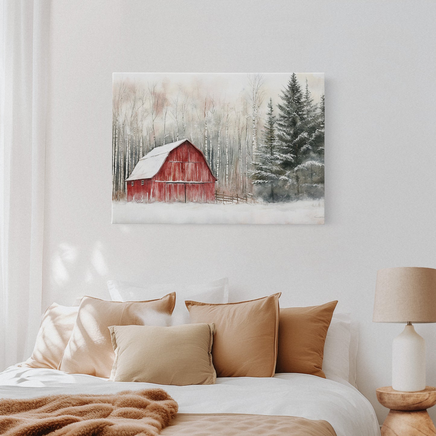 Red Barn Sleeps Among Winter Birch