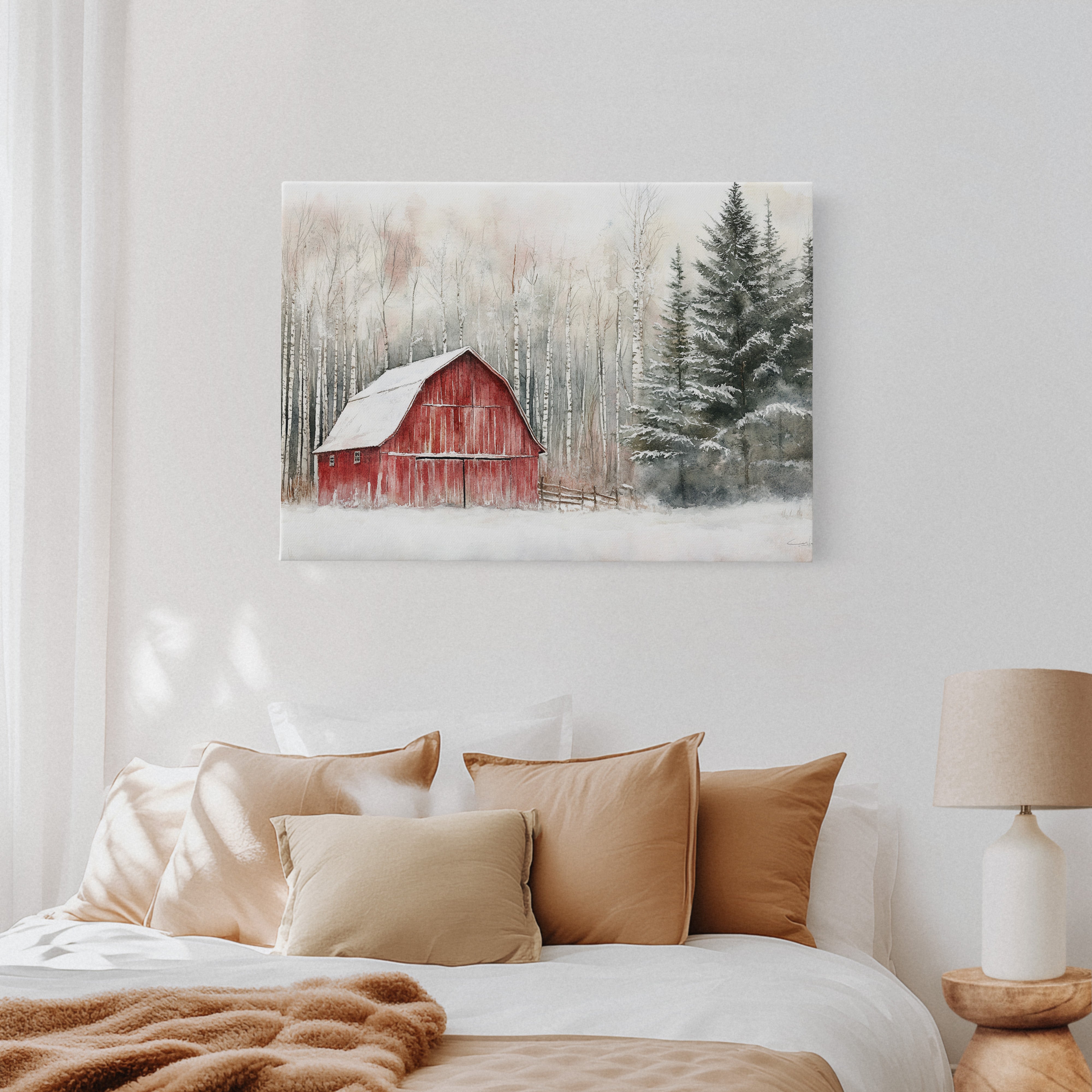 Red Barn Sleeps Among Winter Birch