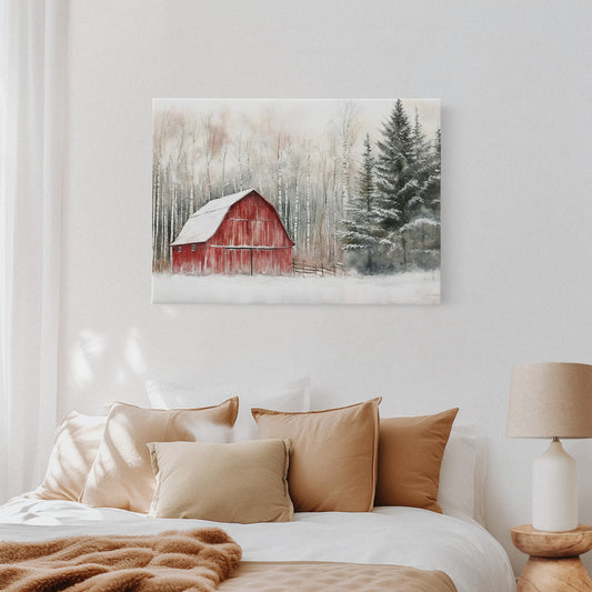 Red Barn Sleeps Among Winter Birch