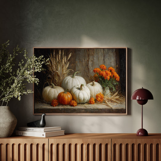 White Pumpkins Among Marigold Flames