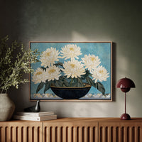 White Chrysanthemums Meet Midnight Bowl