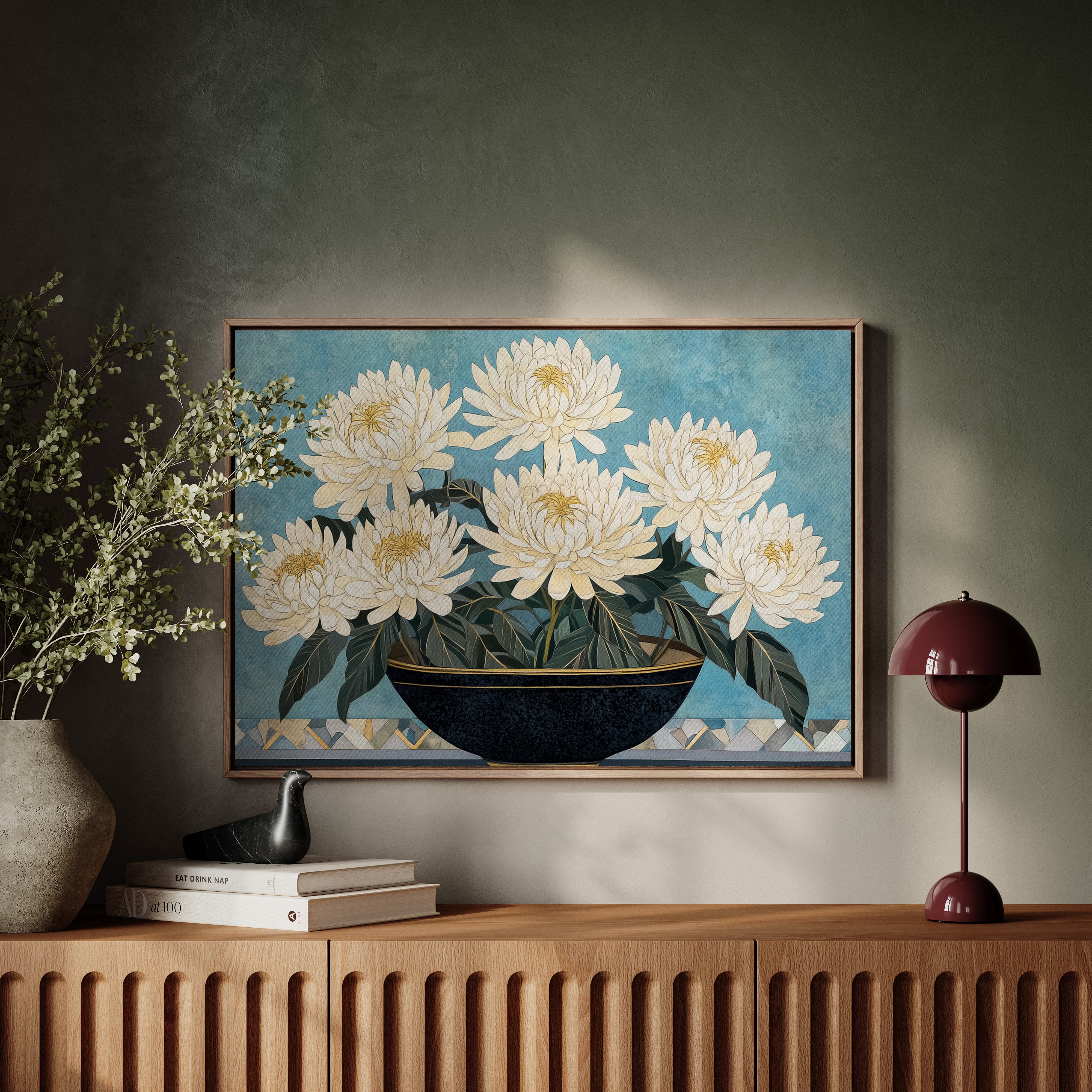 White Chrysanthemums Meet Midnight Bowl