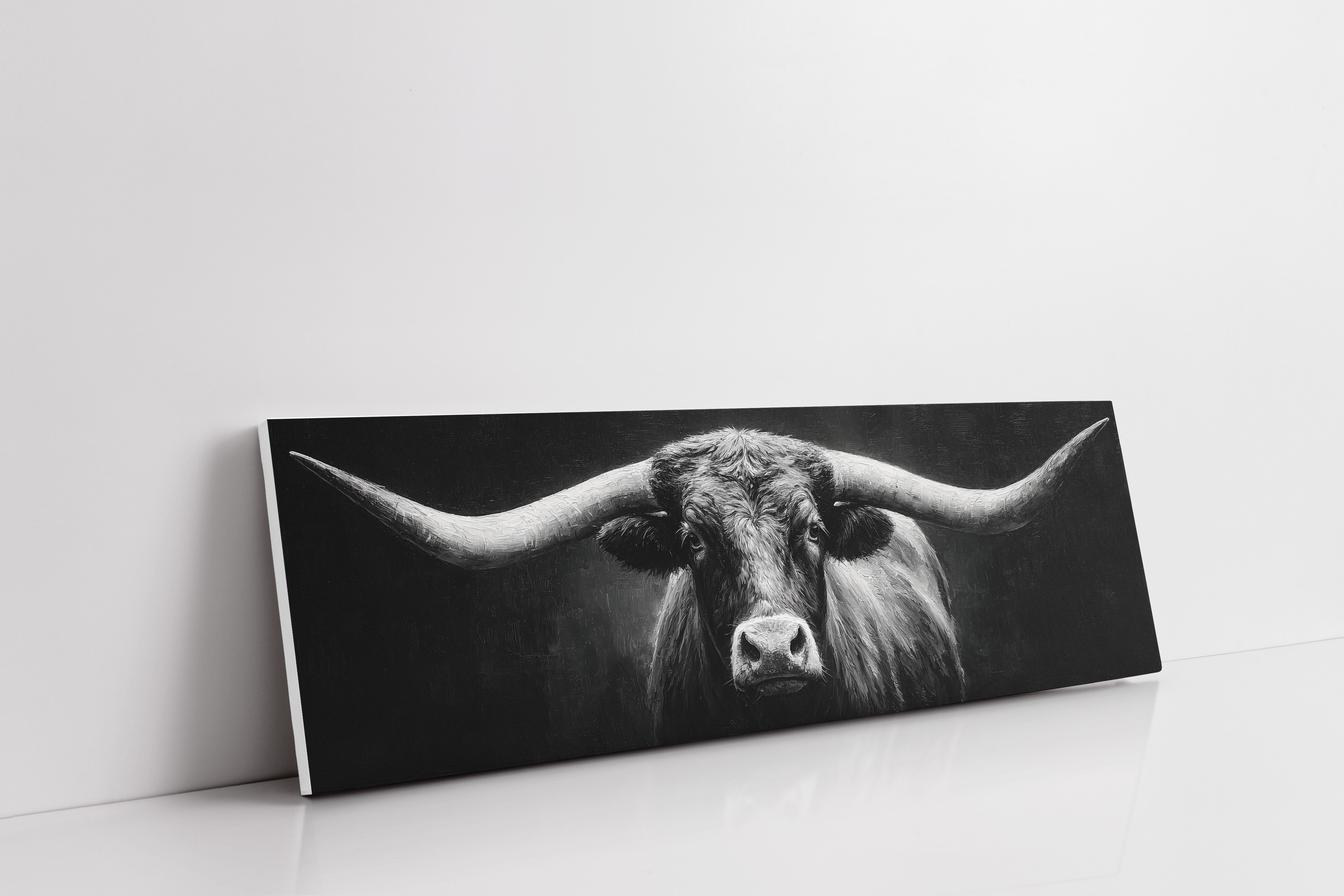 Black and White Longhorn Portrait on Dark Background