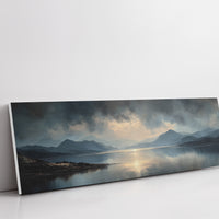 Moody Mountain Lake at Sunrise Reflected in Calm Water