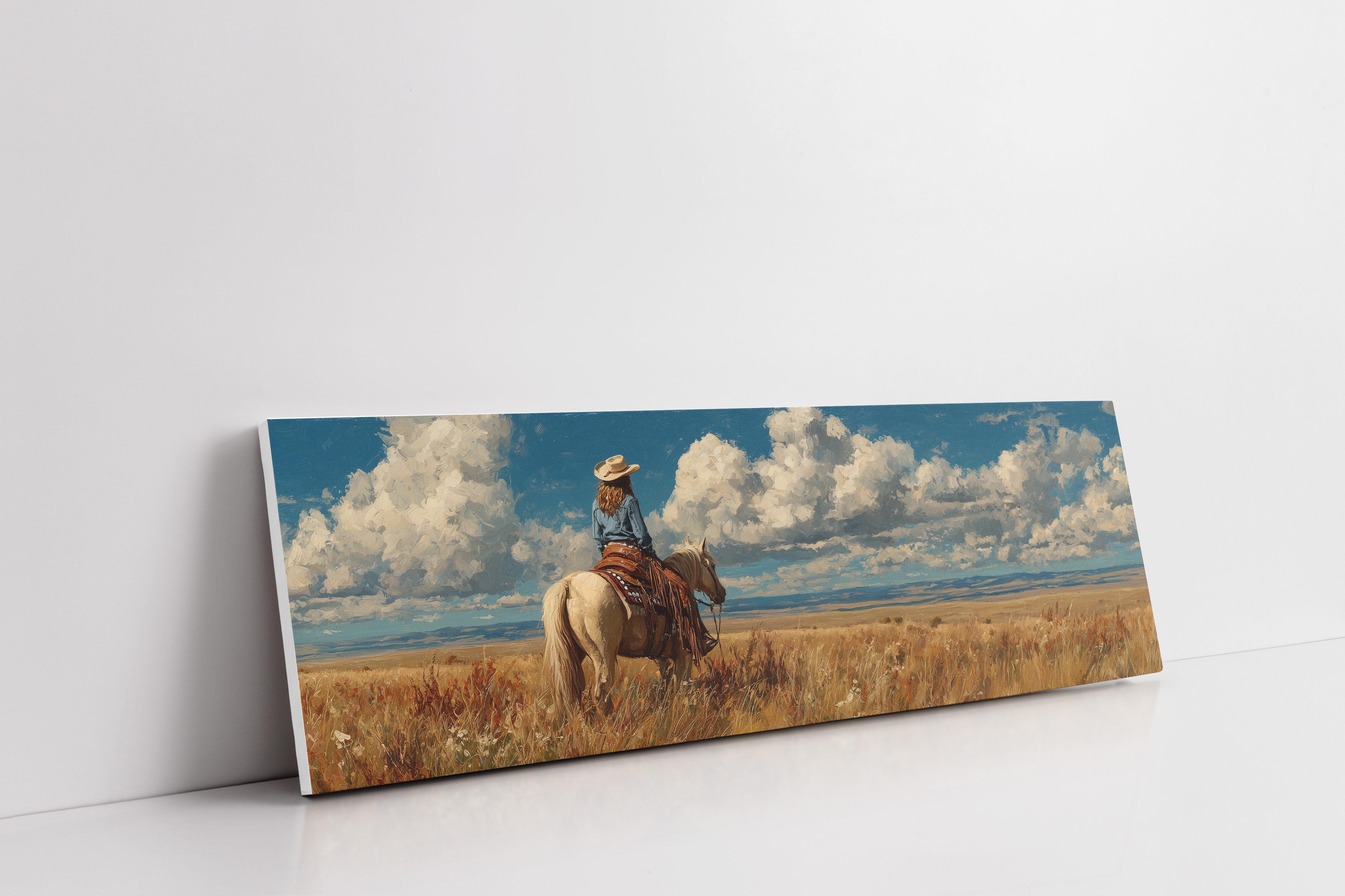 Cowgirl on Horse Overlooking Wide Western Prairie