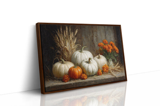 White Pumpkins Among Marigold Flames