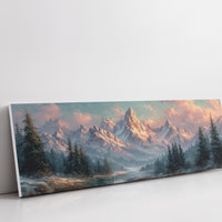 Sunlit Mountain Peaks at Dawn Over Frosted Forest