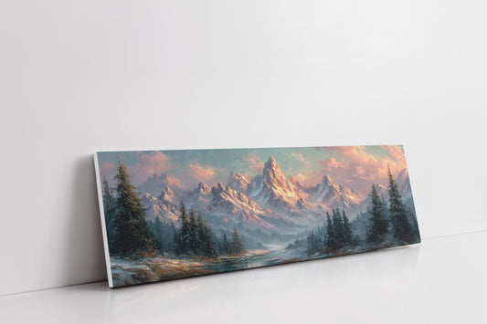 Sunlit Mountain Peaks at Dawn Over Frosted Forest