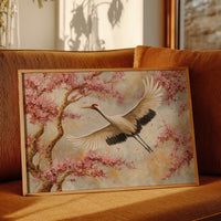 Cherry Blossoms Dance With Crane's Grace