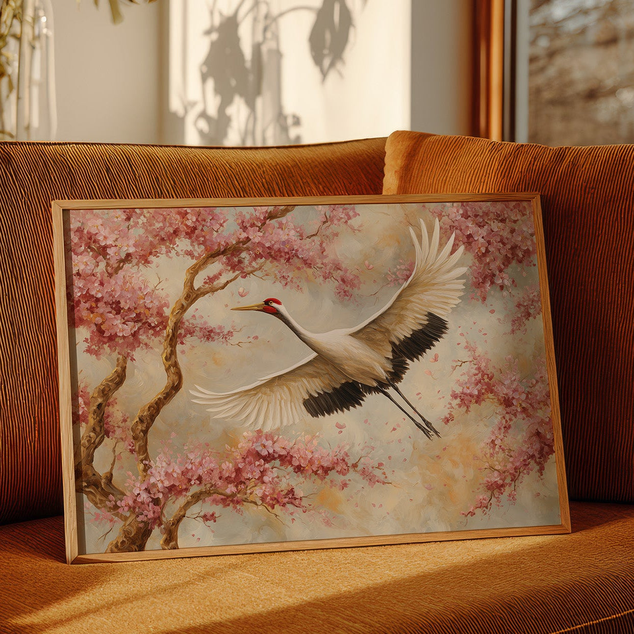 Cherry Blossoms Dance With Crane's Grace