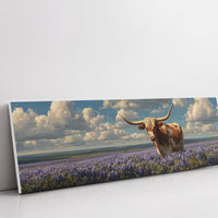 Texas Longhorn Standing in Blooming Bluebonnet Field