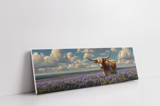 Texas Longhorn Standing in Blooming Bluebonnet Field