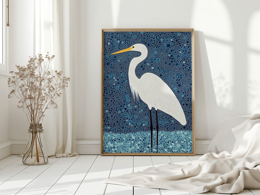 Elegant White Egret – Mosaic-Inspired Bird Wall Art