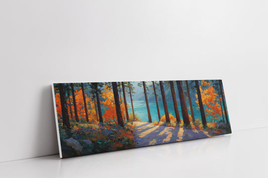 Autumn Forest Path Overlooking Turquoise Lake