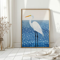 White Egret in Snowfall – Elegant Minimalist Bird Wall Art