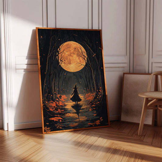 Witch Under Full Moon Art Print - Enchanting Autumn Scene - Gallery Canvas image 14