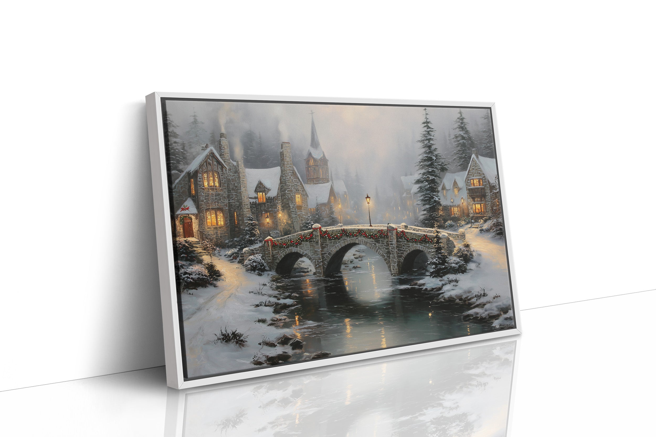Snow Falls On Stone Bridge Lights