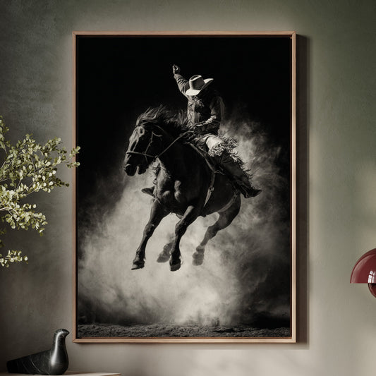 Framed black and white artwork of a horse and rider on a wall above a wooden console table.