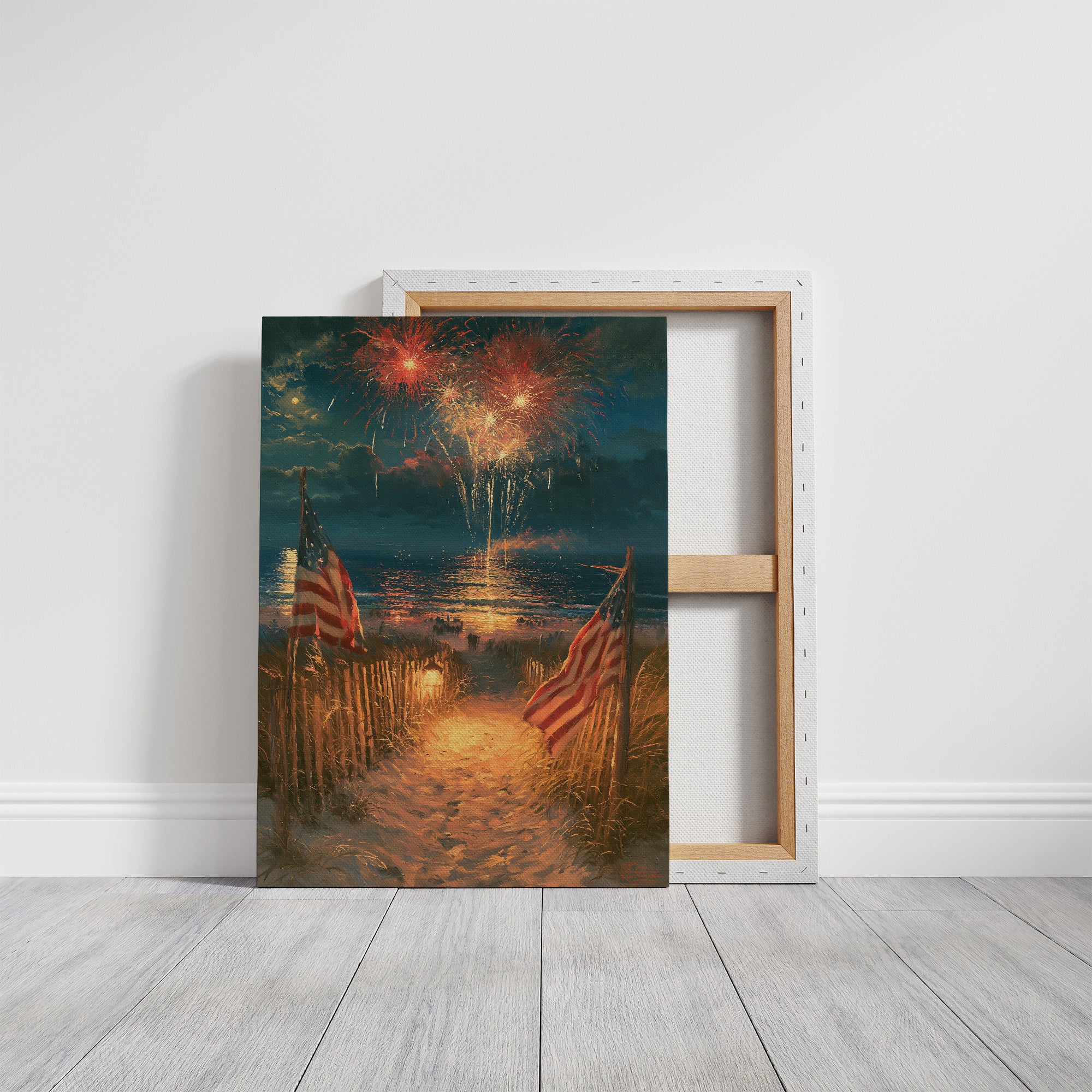 Fireworks Over Flag-Lined Beach Path