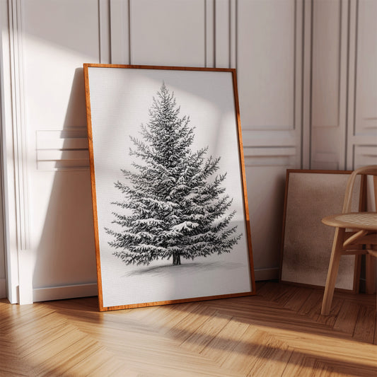 Snow-Covered Pine Tree Drawing - Winter Botanical Art - Gallery Canvas image 5