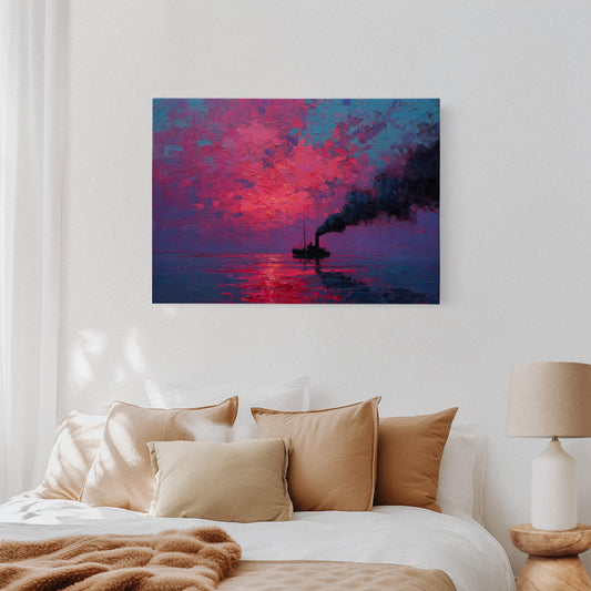 Steamship Sails Through Crimson Dawn