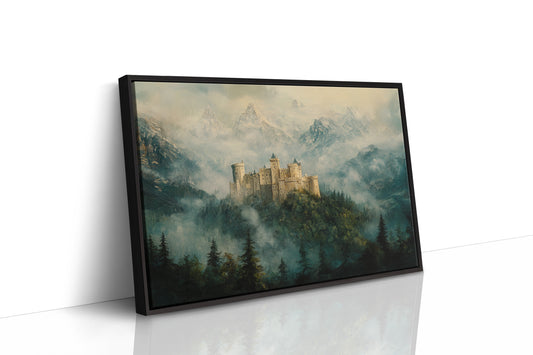 Misty Mountain Castle: Ethereal Fantasy Landscape Canvas Wall Art
