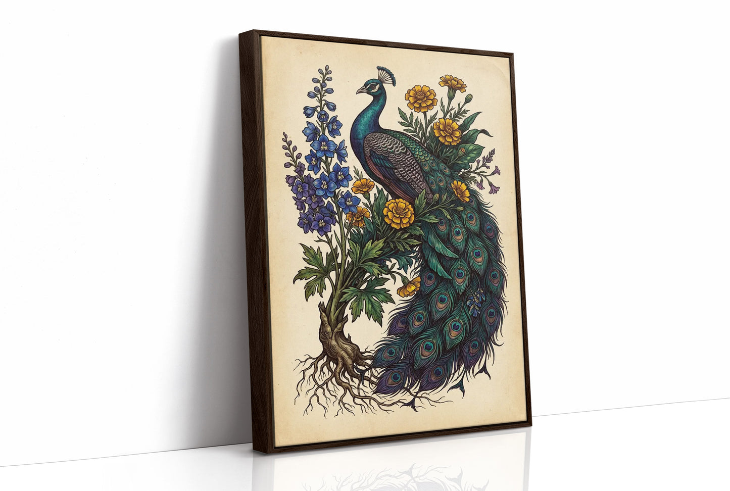 Peacock and Marigolds