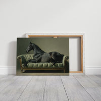 Aristocratic Repose: Ebony Stallion on a Mint Couch