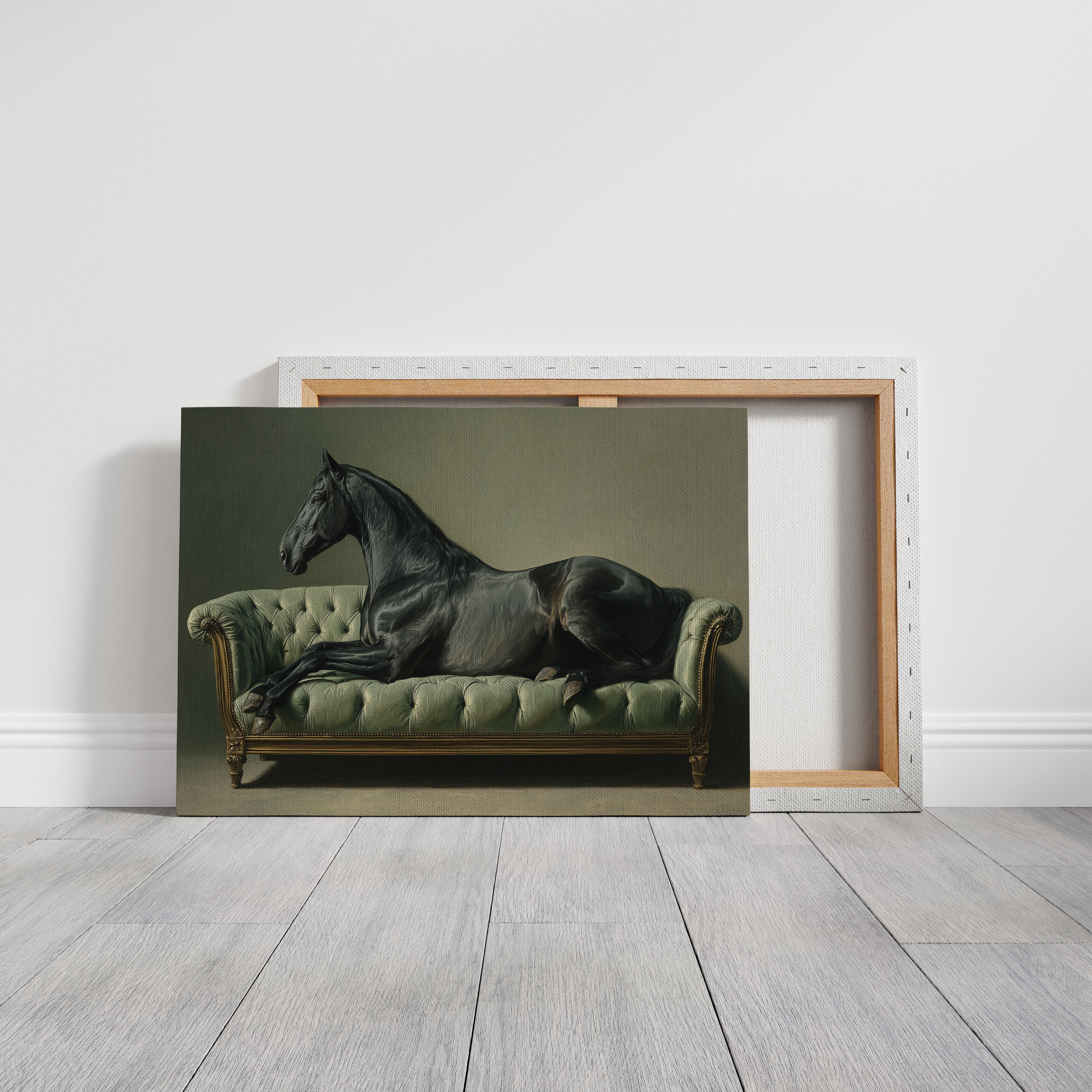 Aristocratic Repose: Ebony Stallion on a Mint Couch