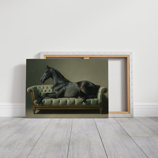 Aristocratic Repose: Ebony Stallion on a Mint Couch