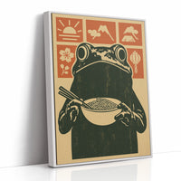 Ramen Frog in Retro Woodblock Style