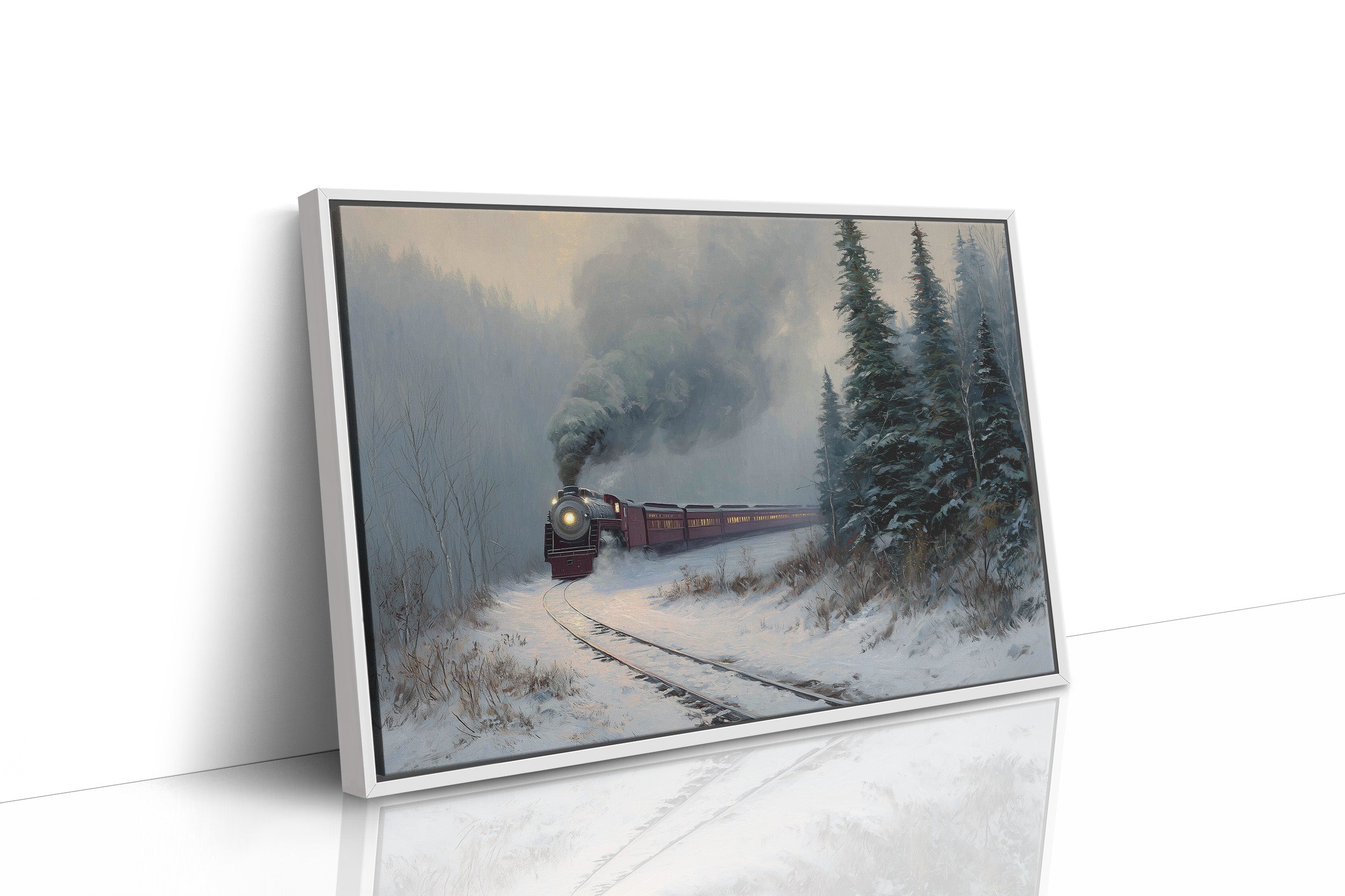 Winter Steam Curves Through Pine Forest