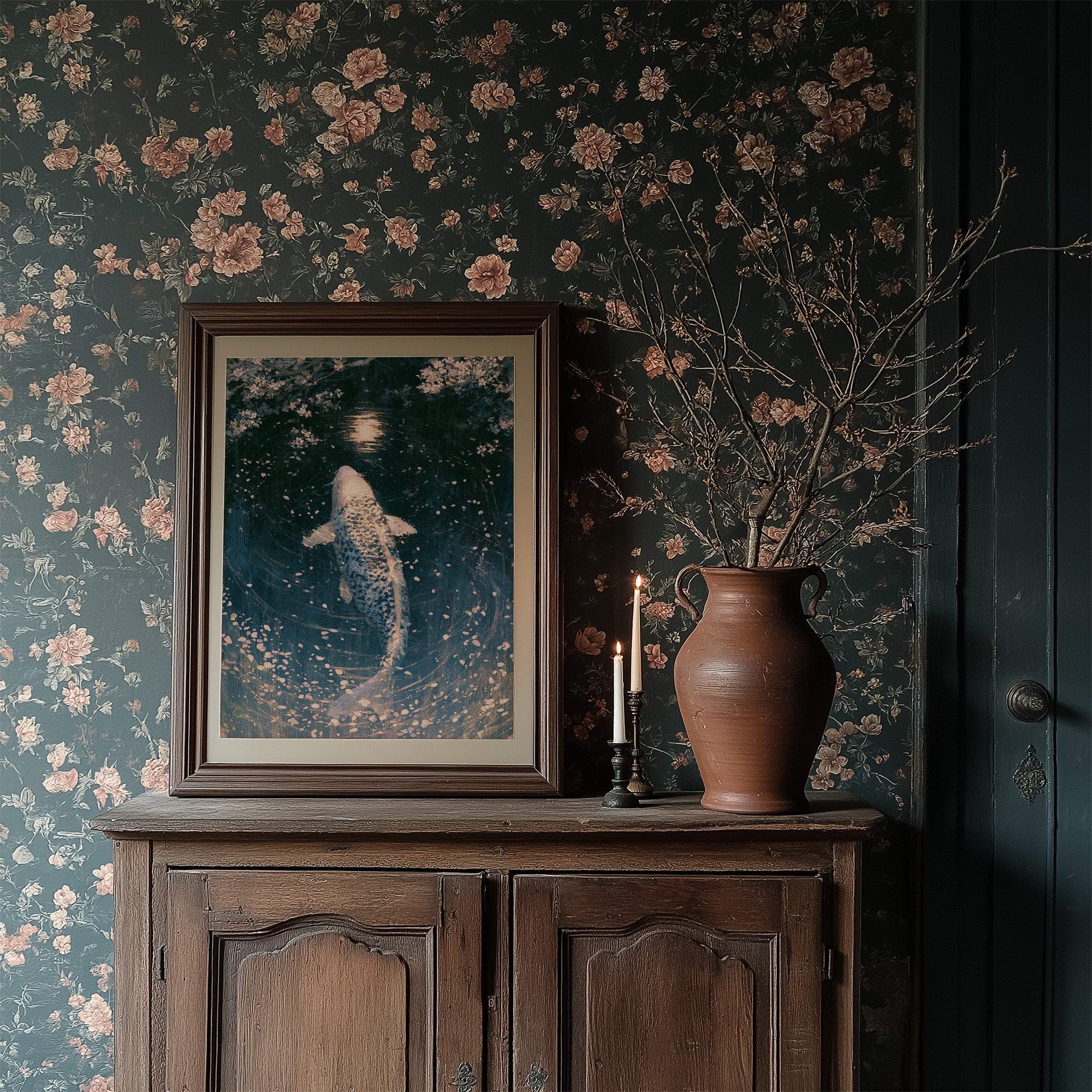 Koi Beneath the Falling Blossoms