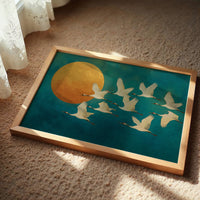 Cranes Dance Against Golden Moon