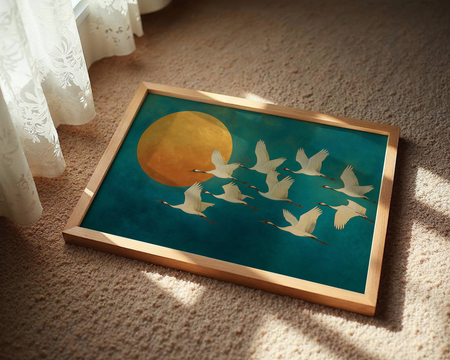 Cranes Dance Against Golden Moon