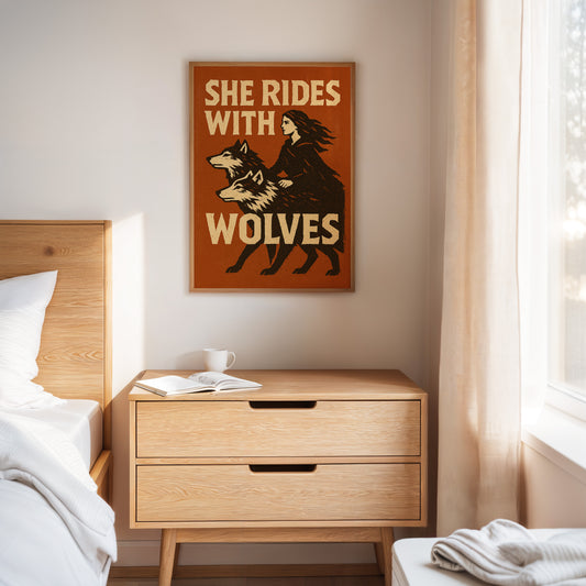 She Rides With Wolves Rustic Art Print